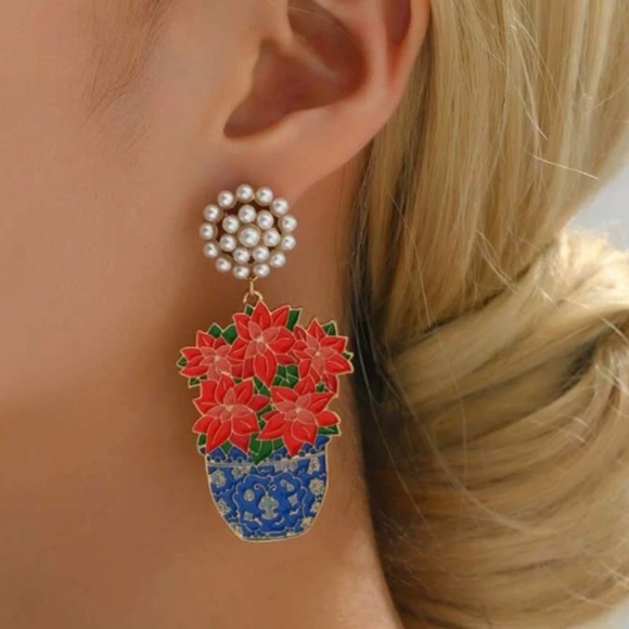 ❤️❤️ FREE Potted Plant Flower Pot Hipster Hippie Artsy Pearl Faux Drop Earrings - Picture 2 of 4